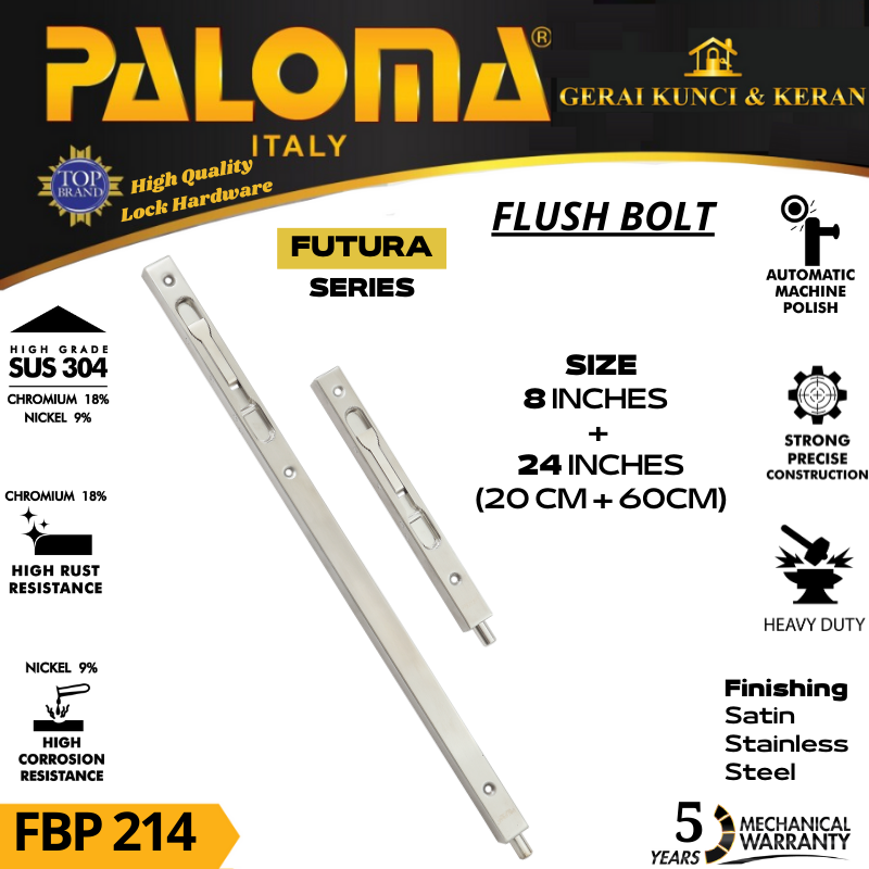 FLUSH BOLT PALOMA FBP 214 FUTURA 8 +24 INCH GRENDEL TANAM SLOT PINTU