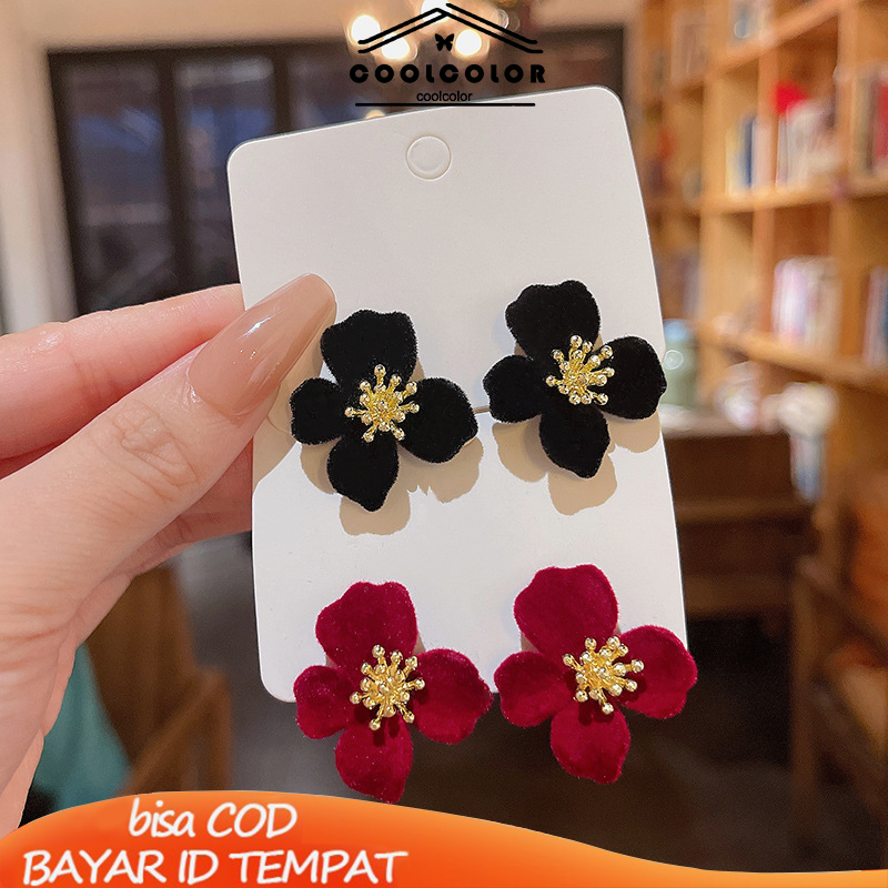 COD❤️Anting Bunga Velvet Earrings Stud Desain Bunga Bahan Velvet Untuk Musim Dingin Gaya Korea  Wanita Fashion Murah