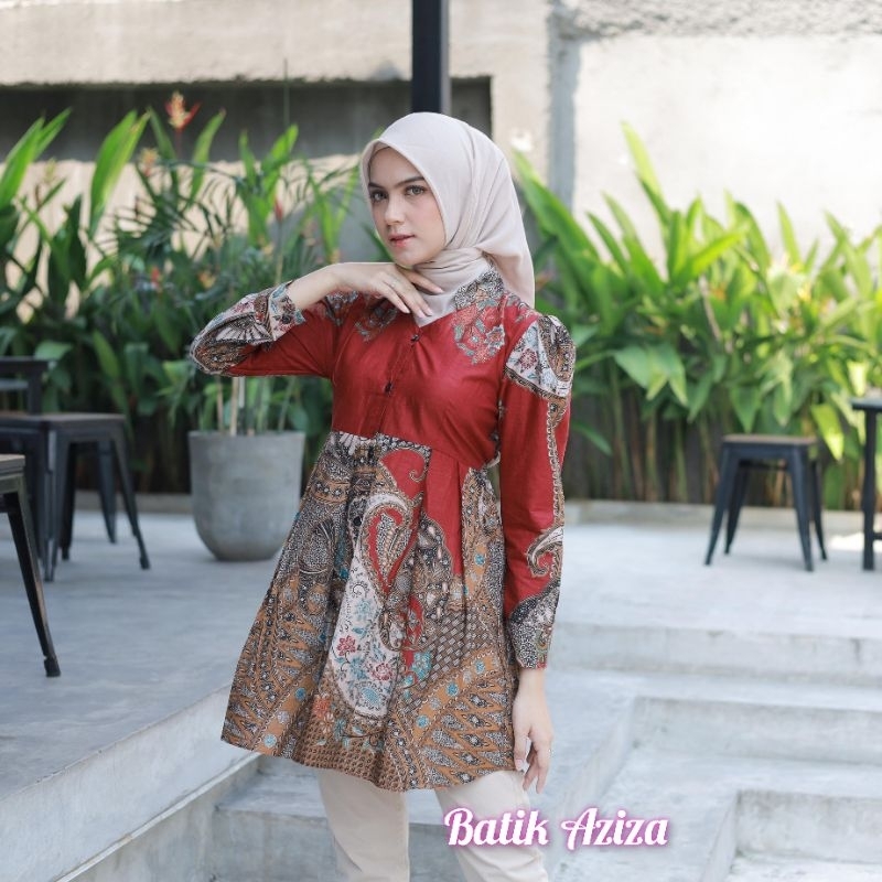 Batik Modern Wanita Atasan Batik Wanita Tunik Batik Dress Batik Cantika Merah dan Teracota by Batik Aziza