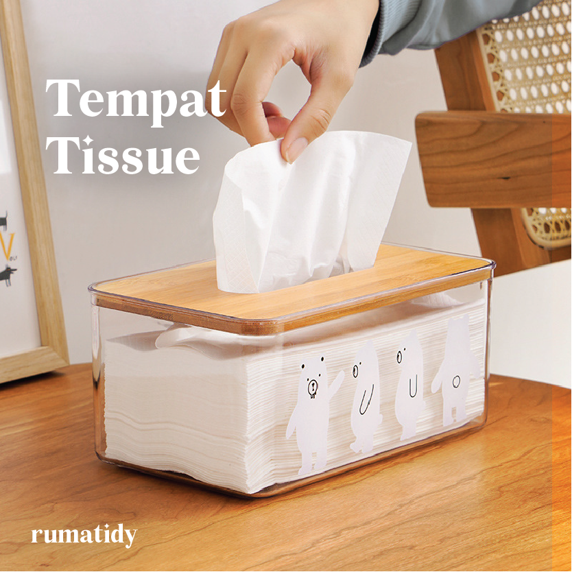 【RUMATIDY】Tempat Tissue Akrilik White Bear Tutup Kayu Estetik Modern  Dapur Kamar Mandi