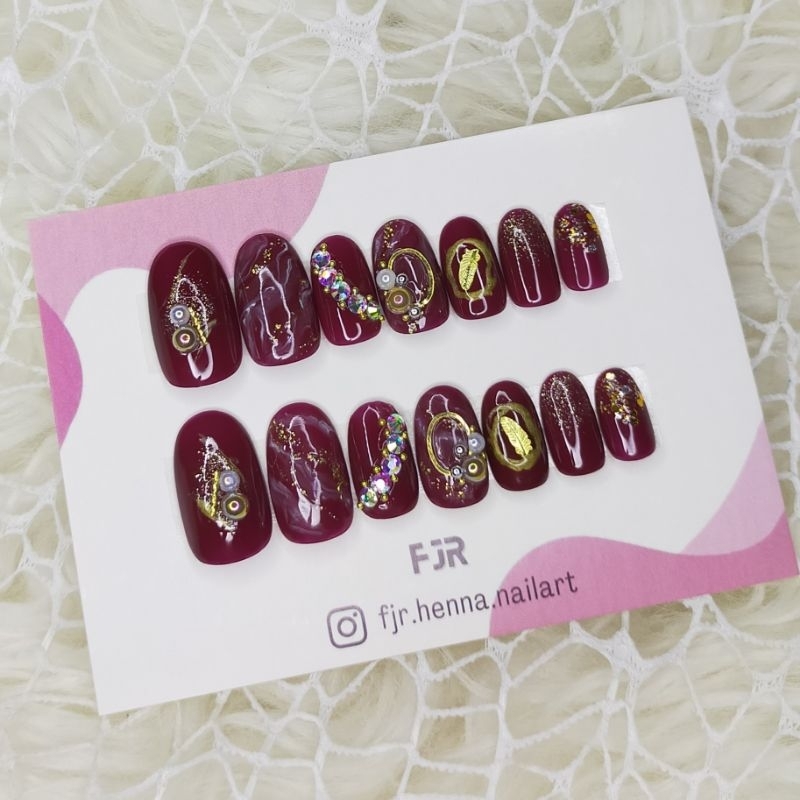 RED SERIES - Kuku palsu warna maroon - kuku palsu pengantin - fake nails - kuku palsu lamaran - kuku