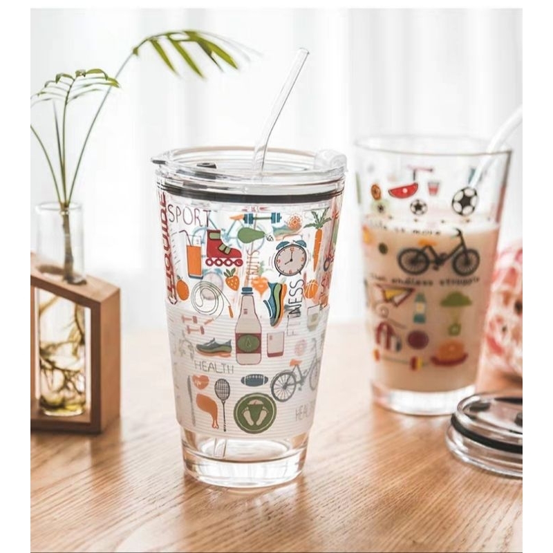 Gelas kaca dengan sedotan kaca 450ml