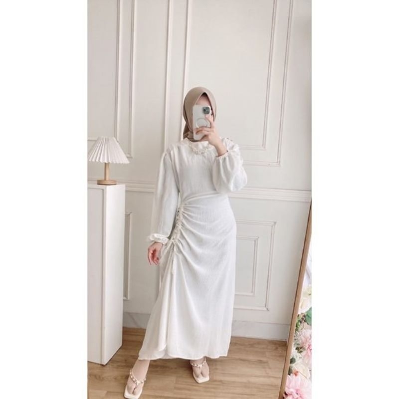 GHEA DRESS GAMIS CRINCLE SERUT KONDANGAN TERBARU HOMEDRESS GAMIS PUTIH POLOS KEKINIAN