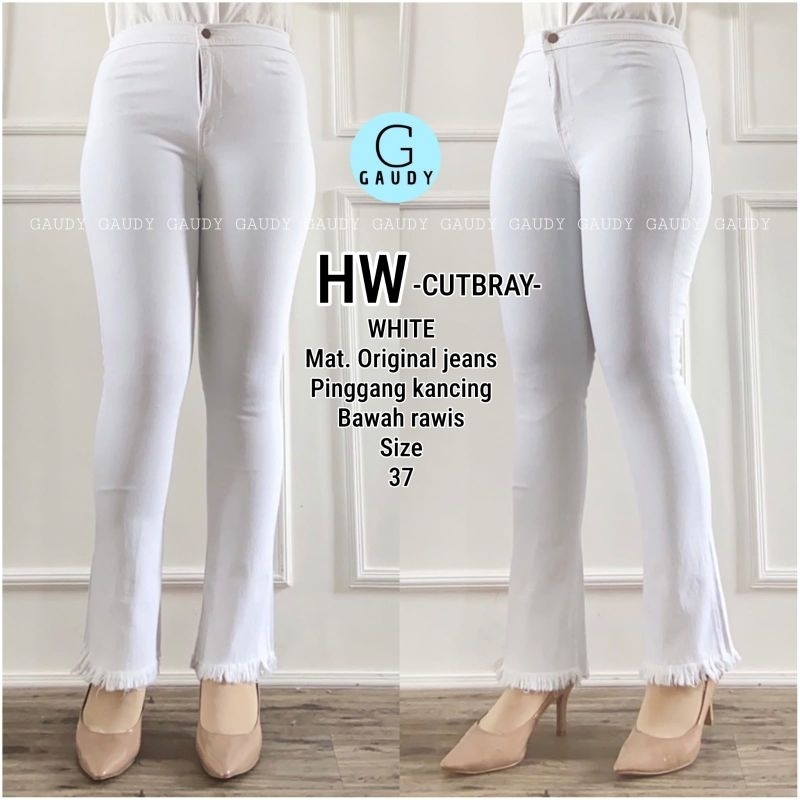 Hw Celana Cutbray Wanita Polos Putih Jeans Tebal Rawis By Gaudy