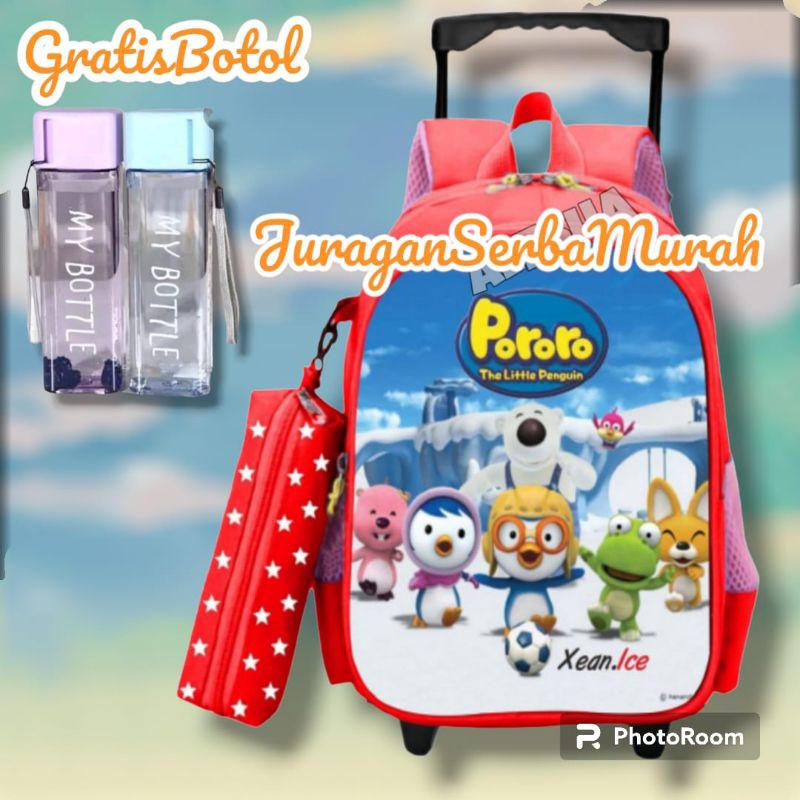 Tas Troli Tas Dorong Anak Laki-laki TK SD Karakter Pororo Gratis Botol