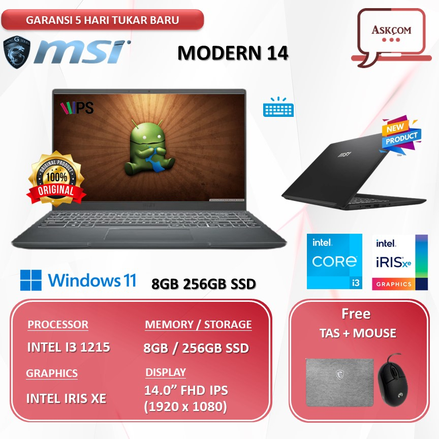 Laptop Gaming MSI Modern 14 I3 1215 8GB 512GB SSD W11 14.0FHD IPS  BLIT C12M.472/473