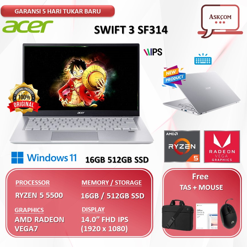 Laptop Acer Swift 3 SF314 RYZEN 5 5500 16GB 512GB SSD VEGA7 W11 OHS2021 14.0FHD IPS FP BLIT 43.R8PQ