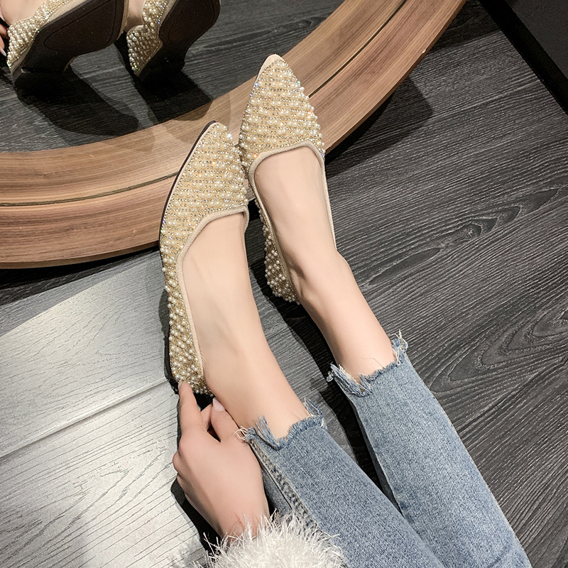 Sepatu Flat Shoes Wanita Import Murah Sol Karet Pointed Flats Balerina Balet Pesta Mutiara Kristal Hitam Black Beige Krem Gaya Korea - Ukuran 35 36 37 38 39 40