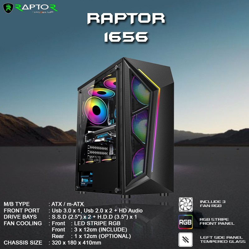 Casing Gaming Raptor 1656 + 3 Fan RGB