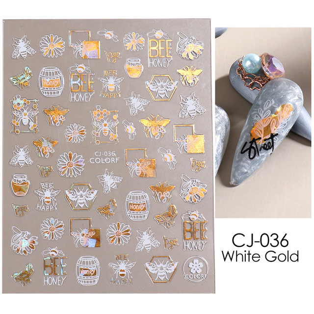 TAO Stiker Kuku Nail Art Sticker Flower Mix Gold &amp; White Foil Hologram semi3D series CJ