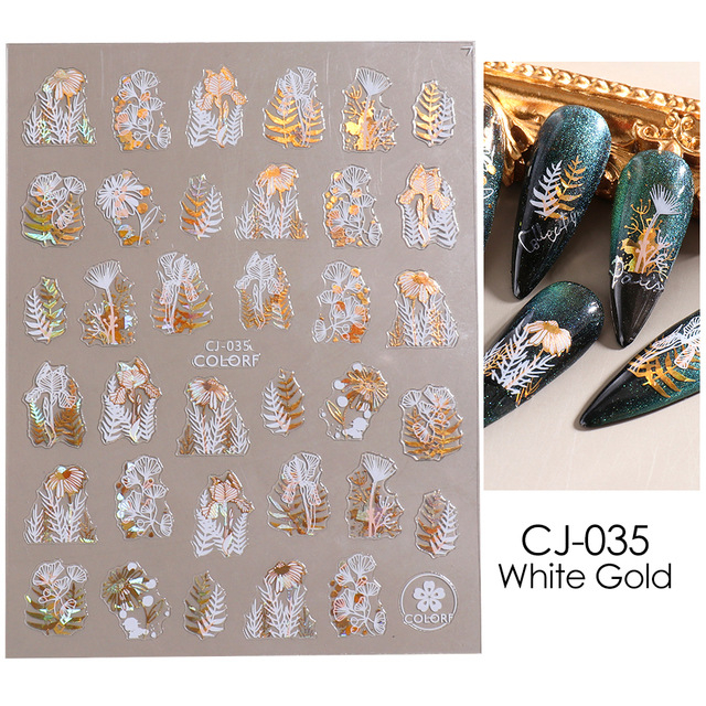 TAO Stiker Kuku Nail Art Sticker Flower Mix Gold &amp; White Foil Hologram semi3D series CJ