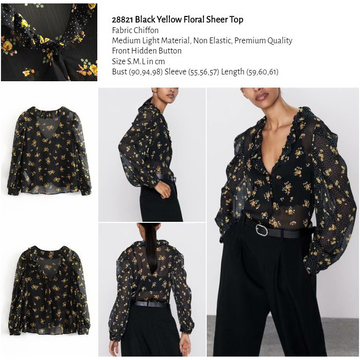 28821 Kemeja Kerja Sifon Wanita Black Floral Chiffon Blouse