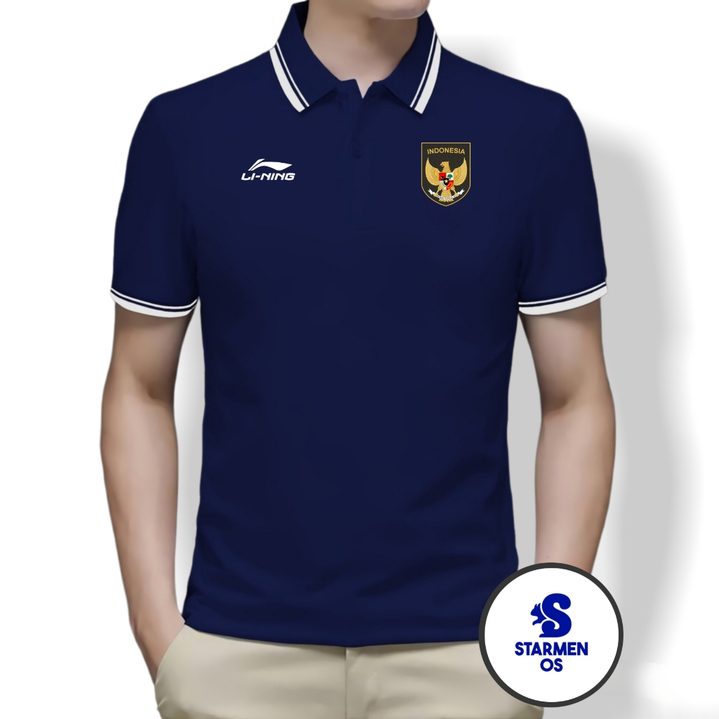 Kaos Polo Shirt Pria Kerah List Putih Logo GARUDA INDONESIA AND Ll NING SEA GAMES 2023