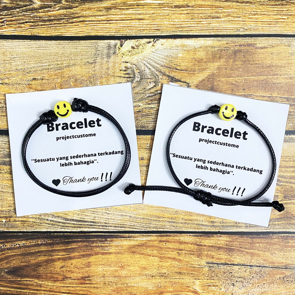 Gelang Tali Hitam 2mm Manik Bulat Smile Pria Wanita Pasangan Couple Dan Sahabat