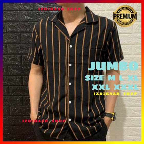 Kemeja Salur Pria Stripe Lengan Pendek Cowok Premium Distro Hem Garis Belang Hitam Baju Strip JUMBO