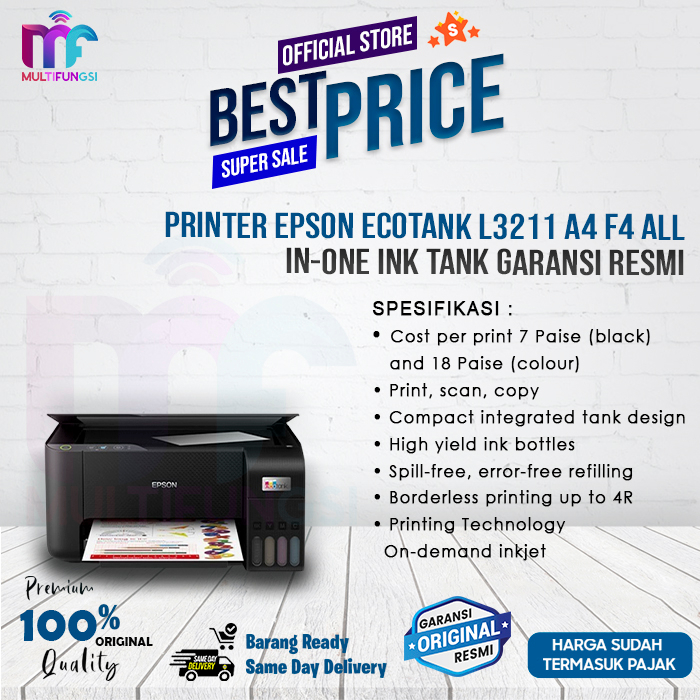 Printer Epson EcoTank L3211 A4 F4 All-in-One Ink Tank Garansi Resmi