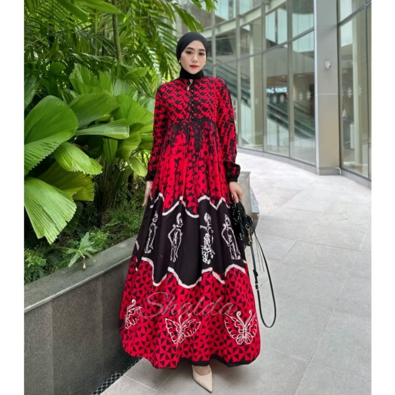 SHALDA BATIK/Red Wayang Dress/Gamis Terbaru shalda/Gamis unik 2025/Gamis simple/Gamis adem Nyaman El