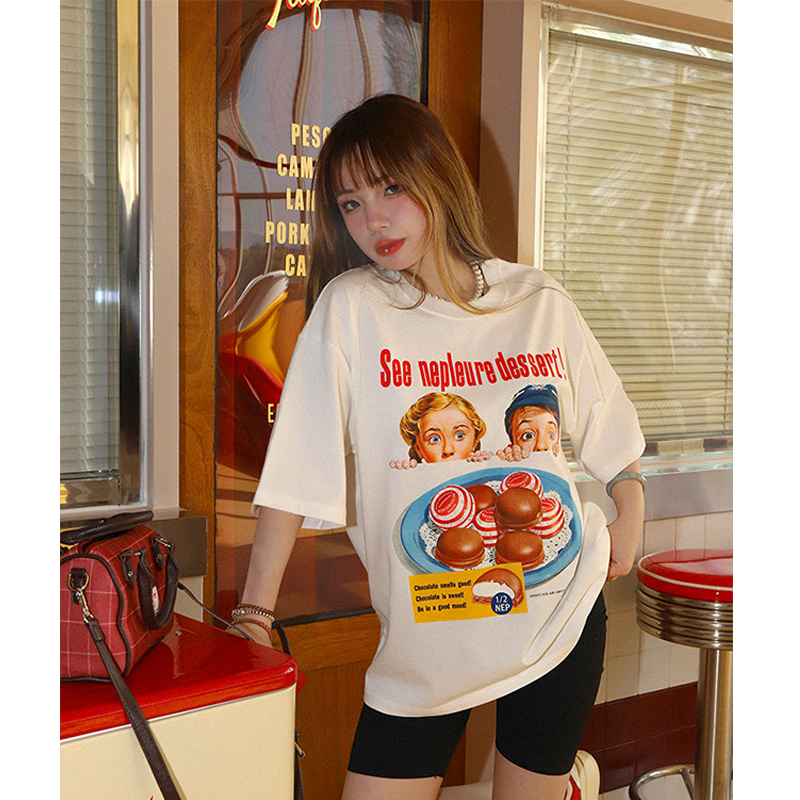 american vintage baju kaos wanita lengan pendek cartoon motif printed oversize t-shirt import premium kekinian kaos cream