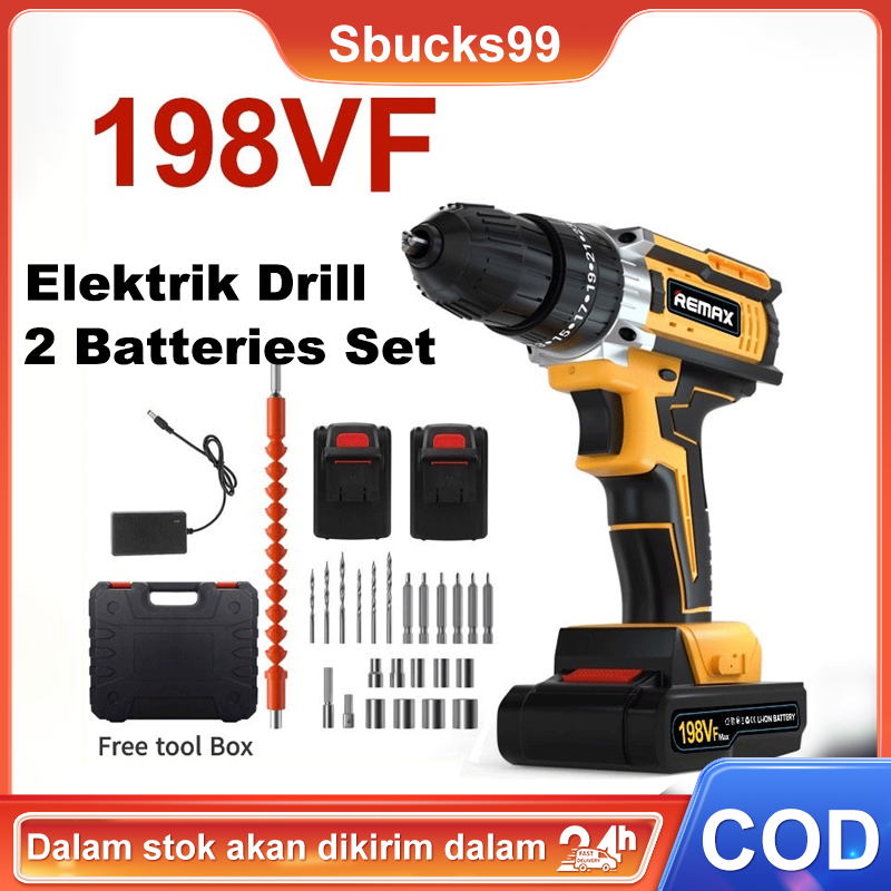 198VF/98VF Mesin Bor Impact Drill Yoogoo Cordless Elektrik Drill with 2 baterai and led light Mesin bor baterai bor Bor Impact Drill Mesin Bor Elektrik Cordless listrik