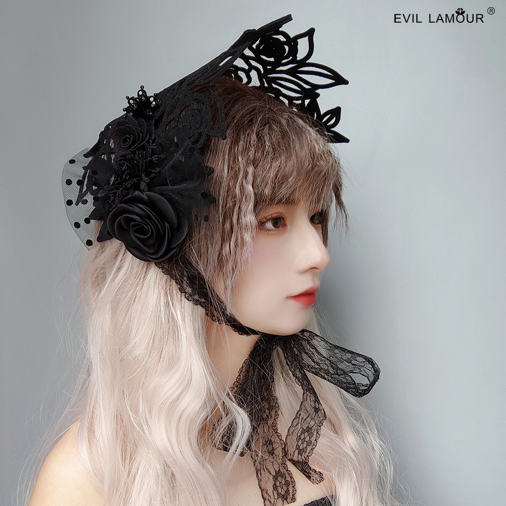 [ GOTH ] Gothic Lolita Headband with Black Rose Flower Lace Headpiece / Gothic Lolita Headband dengan Headpiece Renda Bunga Mawar Hitam 8028