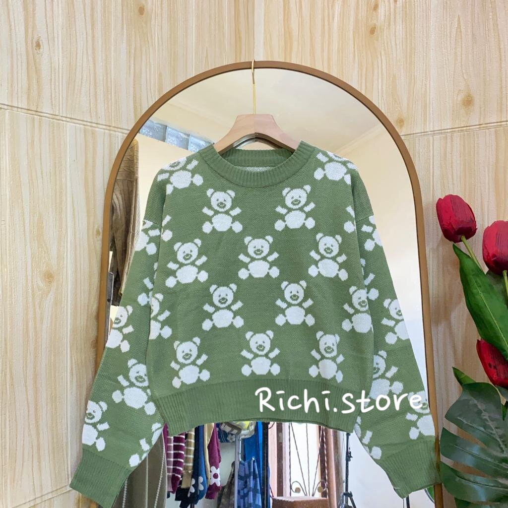 Virly Sweater Crop Rajut Wanita Full Motif Bear