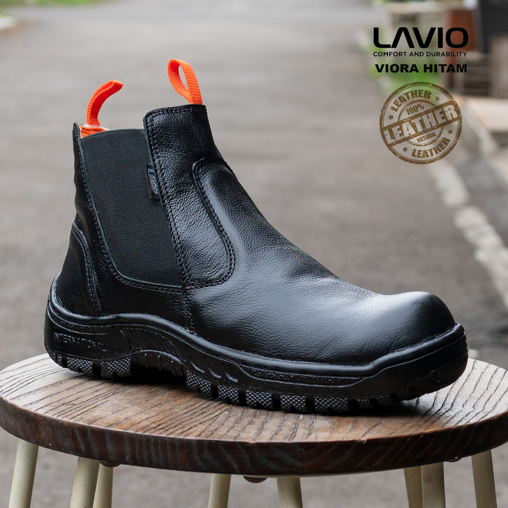 Sepatu Safety Kulit Sapi Asli Lavio Viora Ujung Besi Tanpa Tali