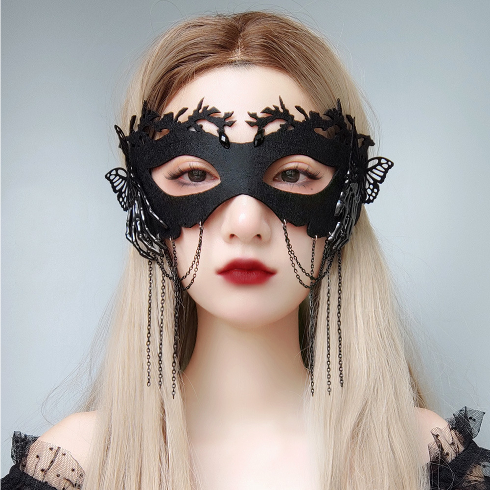 [ GOTH ] Mask Black Butterfly Hand Bone with Chain / Topeng Tulang Tangan Kupu-kupu Hitam dengan Rantai 8048