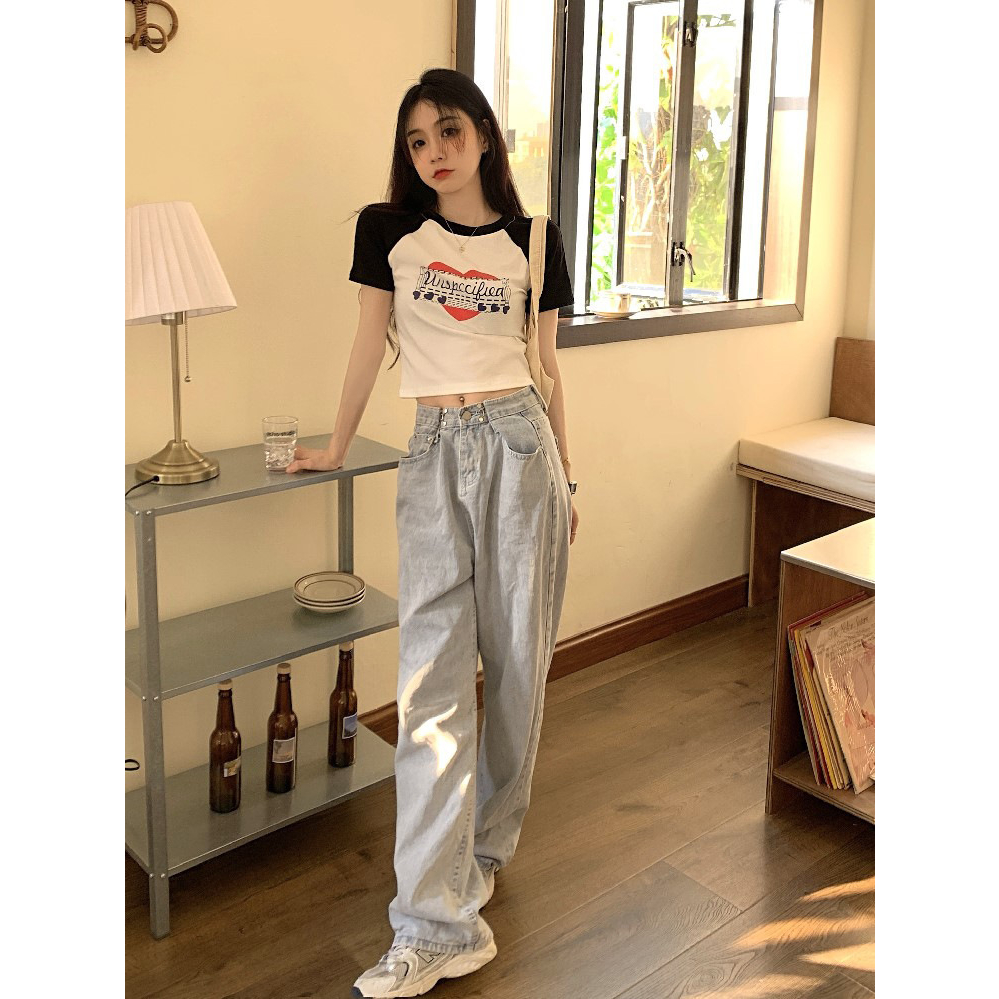 DF BJ389 Kaos Pendek Wanita Baju Atasan Crop Top Ketat Print Huruf Retro