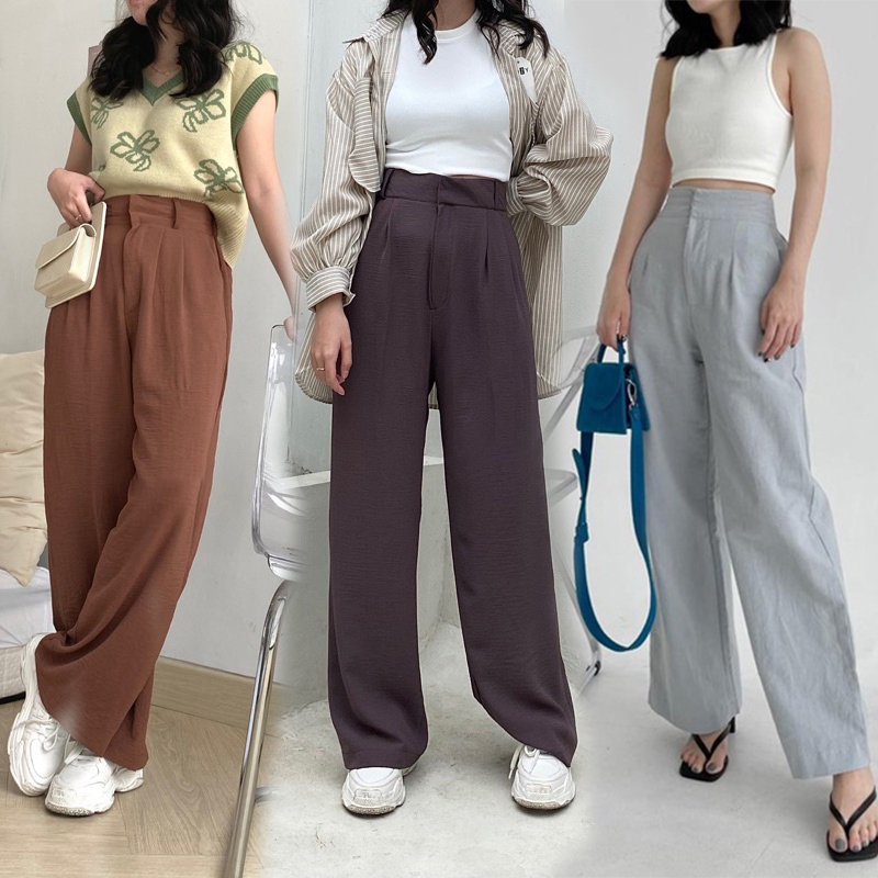 Celana Kulot Crinkle Flowy Jatuh Premium Highwaist Wanita Loose Cullote Pants 3412