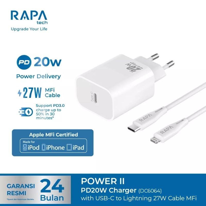 RAPAtech DC6064 Fast Charger with USB-C to Lightning 27W MFI Cable