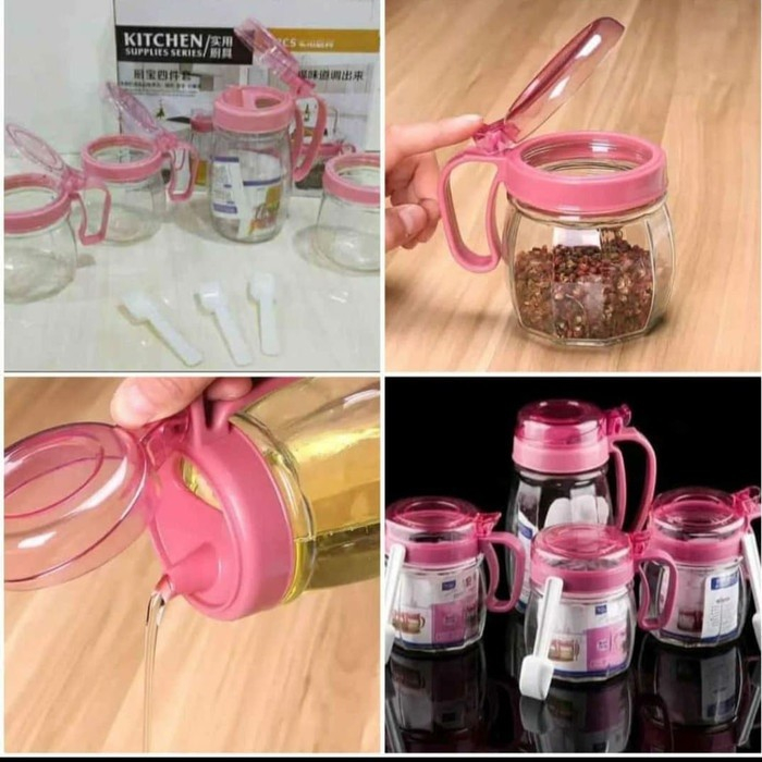 BOTOL MINYAK &amp; TEMPAT BUMBU SET ISI 4 PCS - TOPLES GARAM DAPUR TEMPAT BUMBU OIL POT SET - KITCHEN JAR SET 4