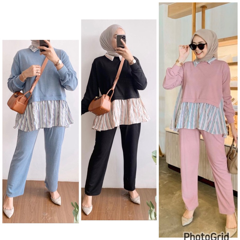 setelan salur kombinasi kaos knit setcel wanita kaos knit