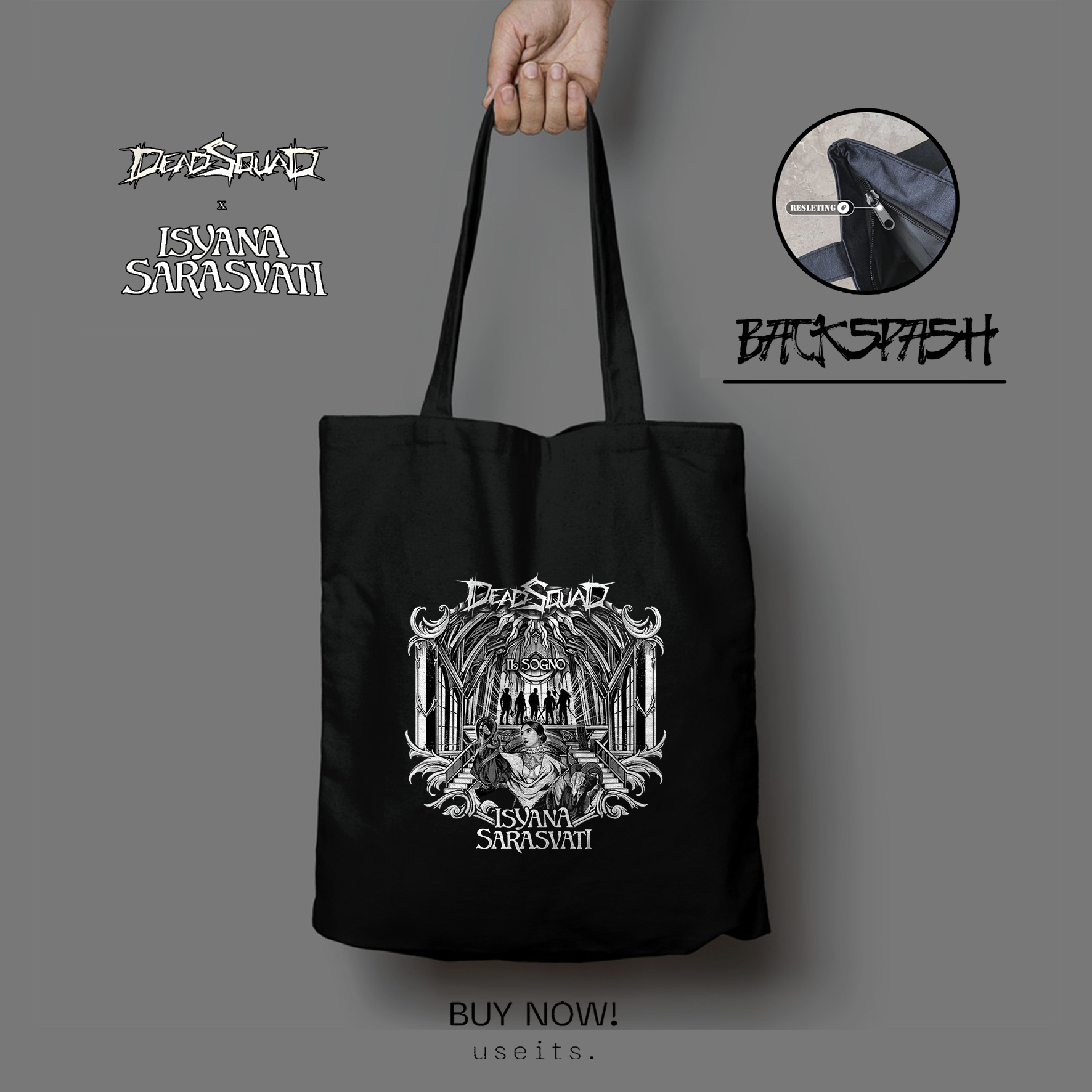 TOTEBAG ISYANA X DEADSQUAD CUSTOM HITAM PRIA DAN WANITA