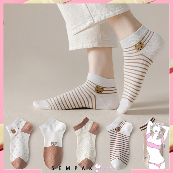 SS Kaos Kaki Pendek Wanita Kode 6773 Motif Beruang Cokleat Kaoskaki Pendek Semata Kaki Motif Cute Bear  Ankle Socks Korean Model Simple Importt