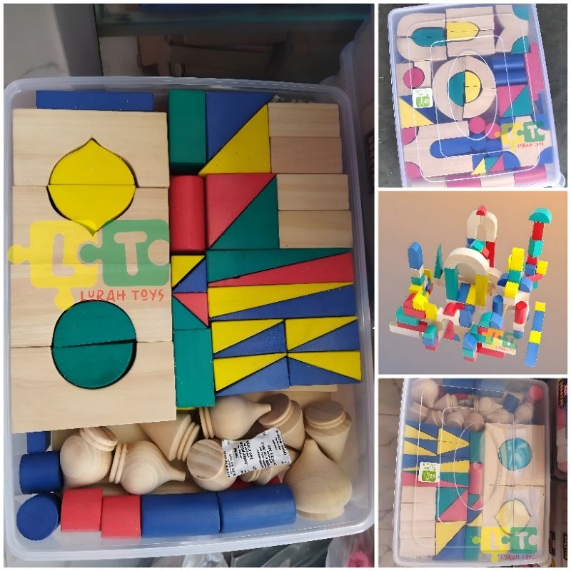 PAKET Hemat Balok MASJID Mini dan Balok PDK Mini Kayu Pinus Warna (Kemasan Box Plastik Donat)