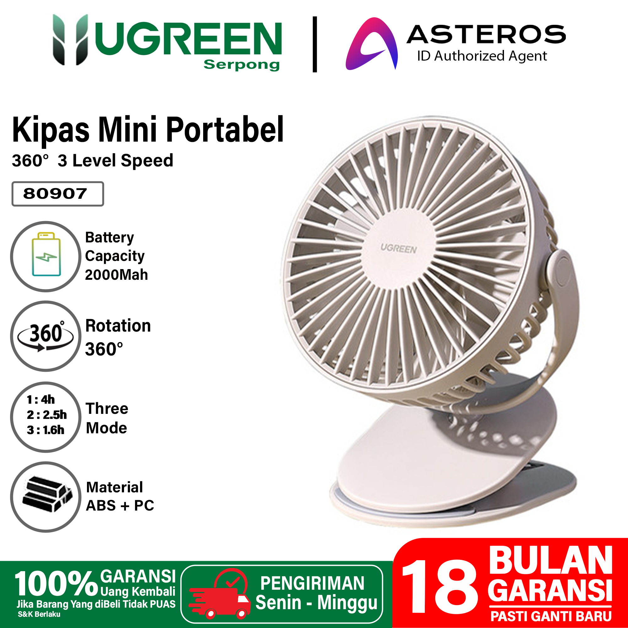 UGREEN ATL Batterai Premium Mini Fan Clip On ,Kipas Angin Meja Portabel 3 Speed 360 Rotation