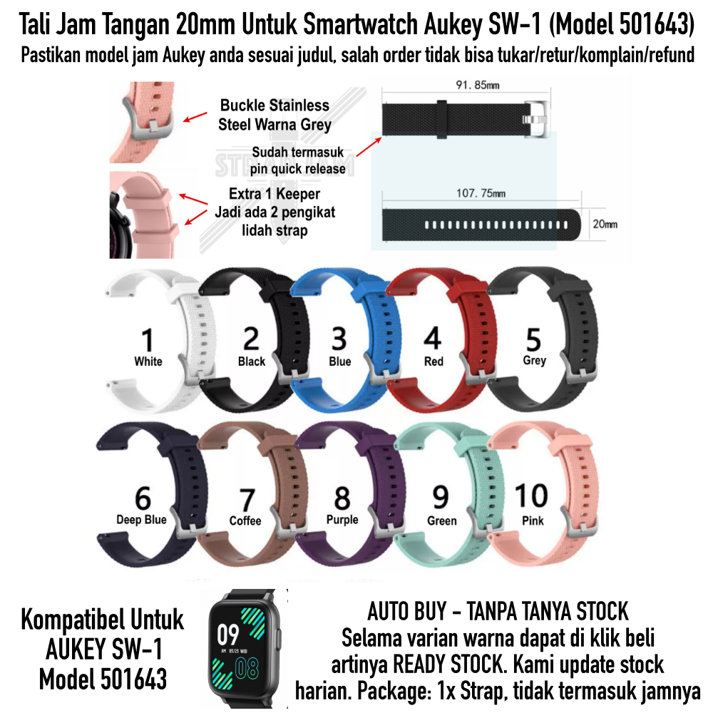 SBF Tali Jam Kompatibel Aukey SW-1 SW1 501643 20mm - Strap Silikon Rubber