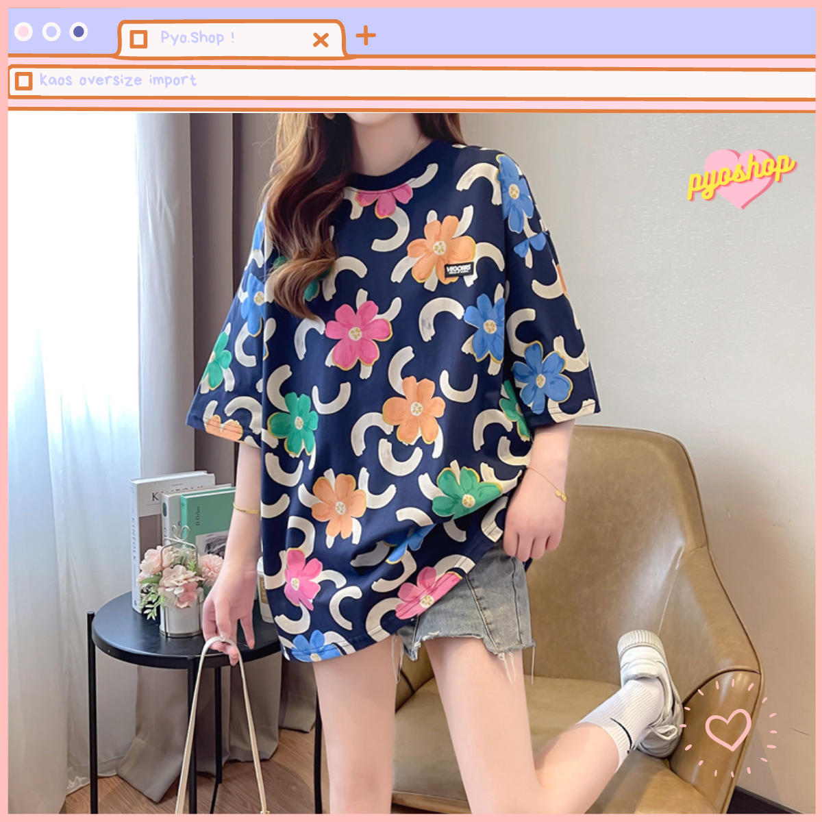 Oversize Kaos Import Lengan Pendek Motif Bunga Besar Fullprint