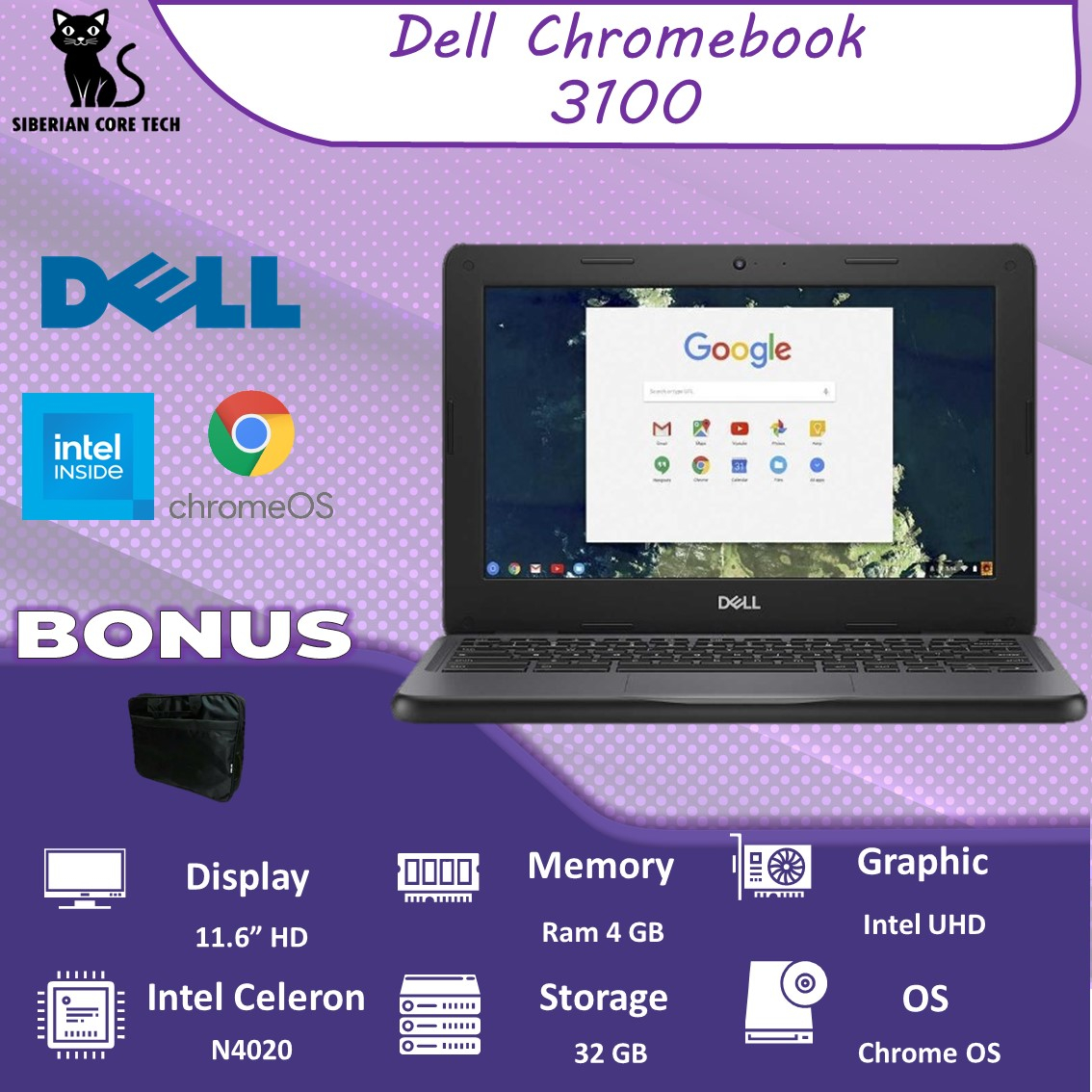 DELL CHROMEBOOK 3100 / N4020 / 4GB / 32GB / 11.6&quot; HD LAPTOP PELAJAR TERMURAH NEW ORIGINAL