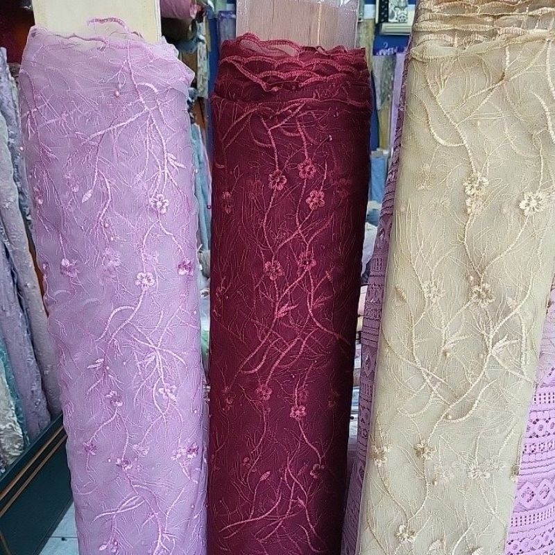 kain tile/tille/tulle lulu mutiara gliter murah motif daun bunga