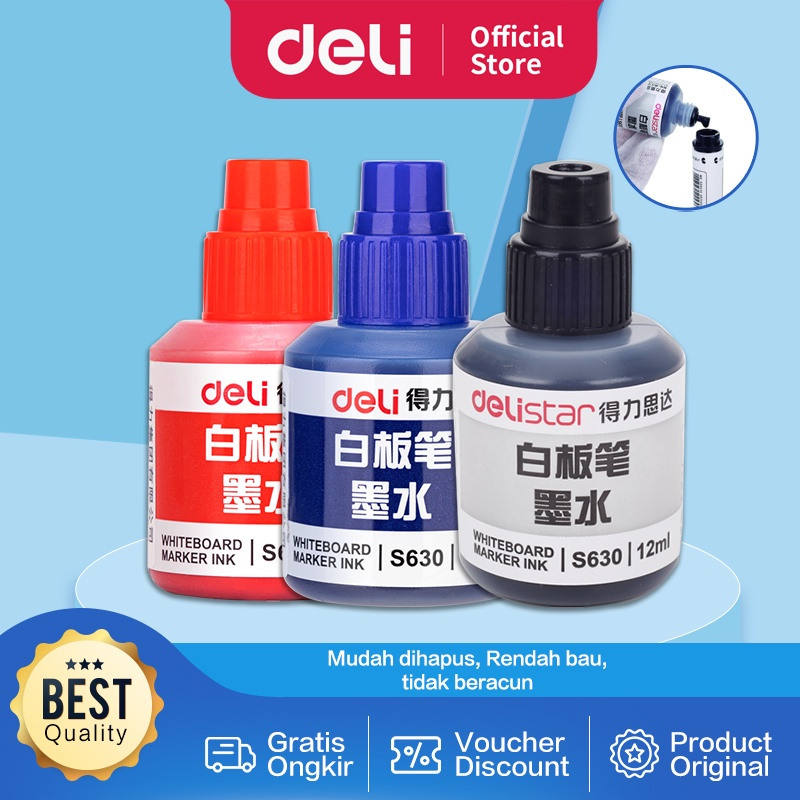 JT - Deli Tinta Isi Ulang Spidol Erase Marker Hitam Merah Biru S630 / Spidol Whiteboard