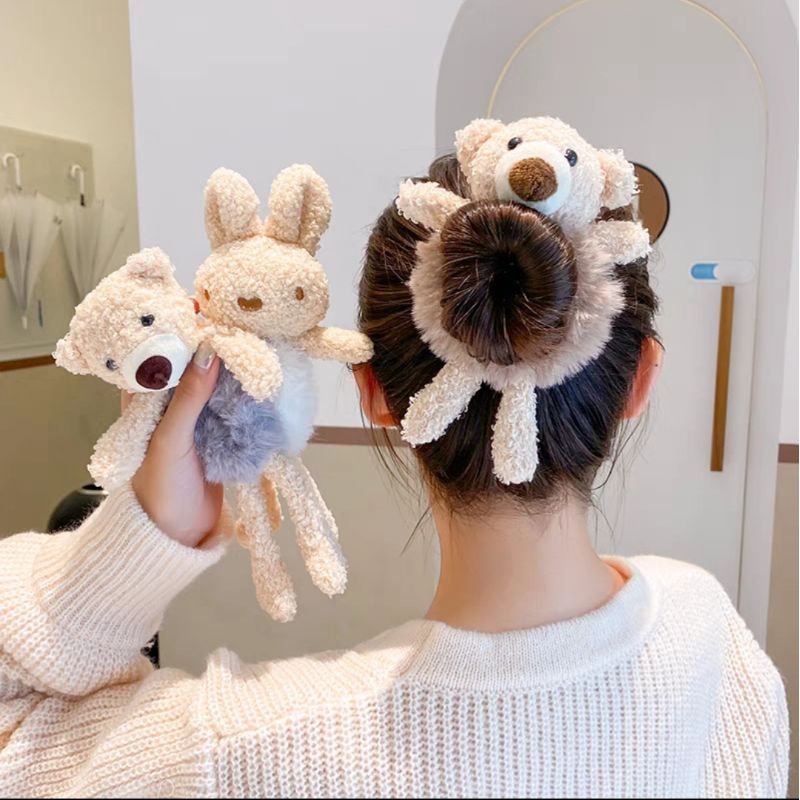 Ikat Rambut Scrunchie Bulu Korea Plush Bear Fluffy Faux Fur Ball Scrunchies Ikat Rambut Korea Boneka Beruang