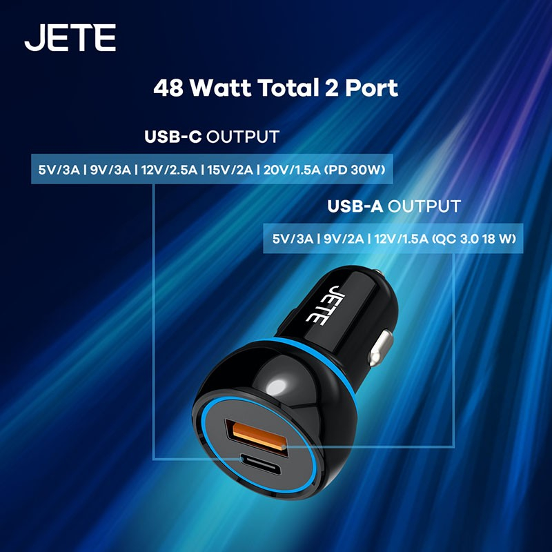 JETE J6 Car Charger Dual Output 48W Type C PD &amp; QC 3.0 with LED Light