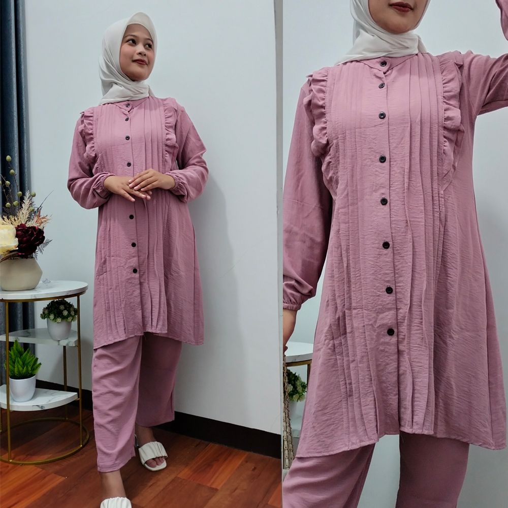 JUWITA Set TUNIK + CELANA bahan CRINKLE  setelan Wanita dewasa terbaru