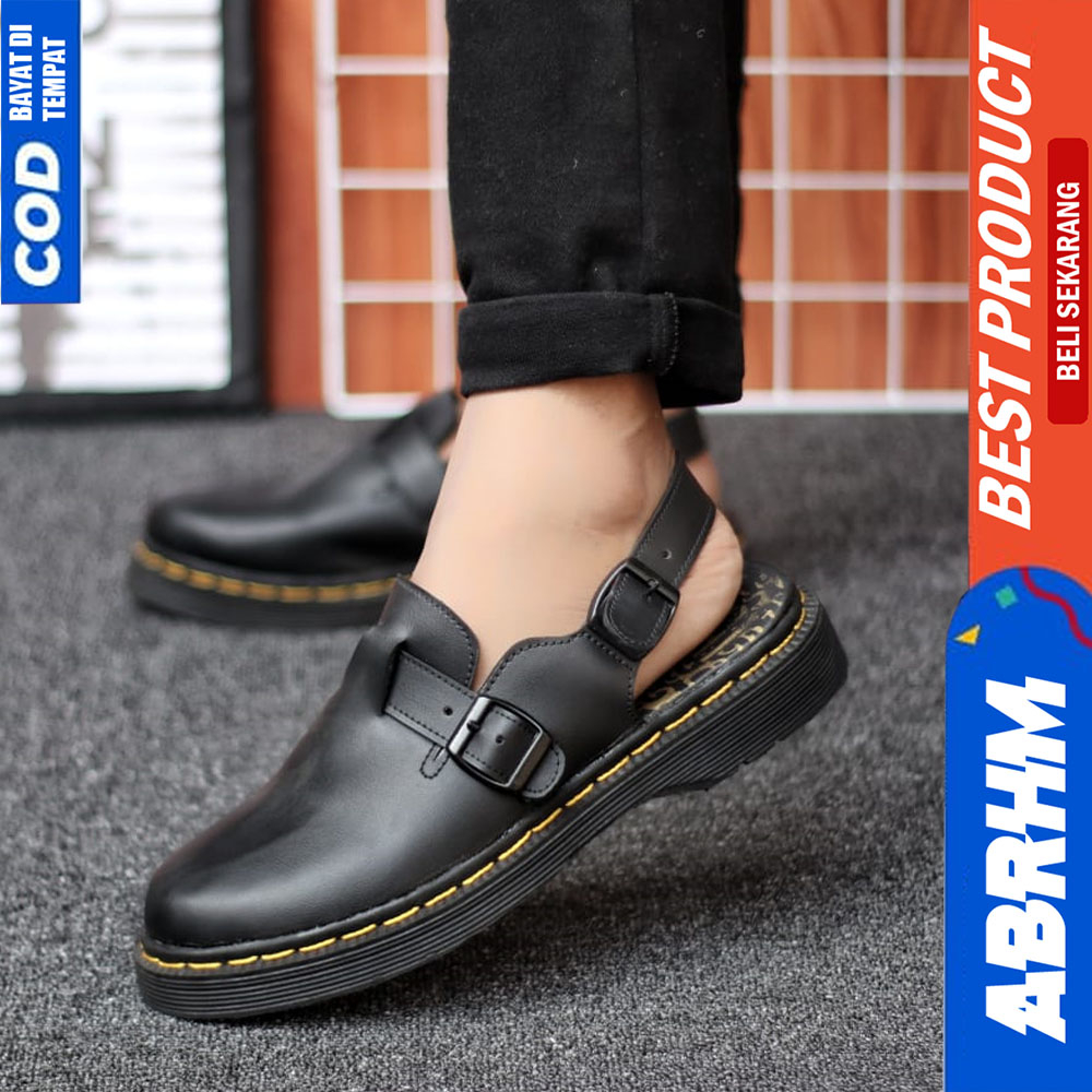 ABRHM Sepatu Sandal Bustong Pria Casual Kulit Slop Hitam