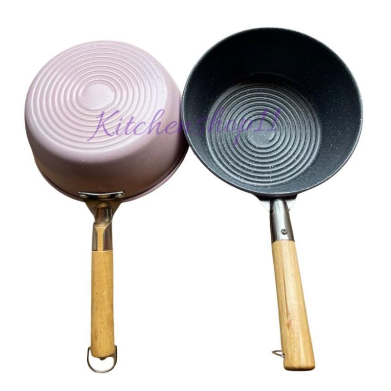 panci susu warna 2 in 1 goreng dan rebus MARBLE anti lengket 18cm gagang kayu TEBAL / panci milkpot marble hitam gagang kayu / panci susu stainless teflon anti lengket / panci mie menggoreng merebus bintik bintik hitam anti lengket 16cm 18cm 20cm