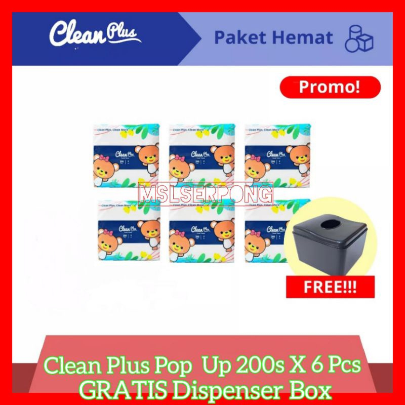 CLEAN PLUS TISSU POP UP 200S X 6 PCS GRATIS TEMPAT TISSU / FACIAL TISSU / POP UP