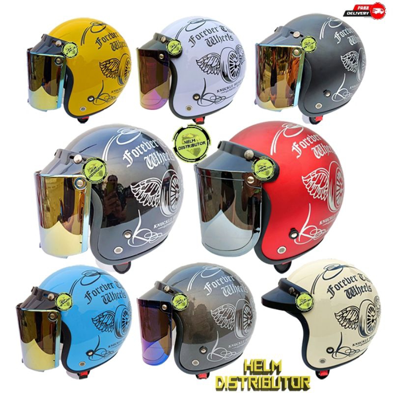 HELM BOGO RETRO MOTIF TWO WHEELS DEWASA KACA DATAR HITAM/BENING/SILVER/PELANGI PRIA WANITA COD