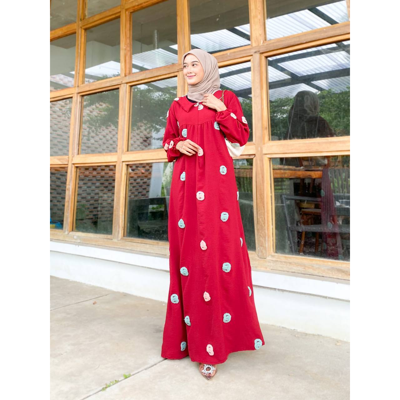 Gamis Suhana Dress Jumbo crinkle pompom timbul Resleting depan busui Tali samping Ld120cm Pj35cm