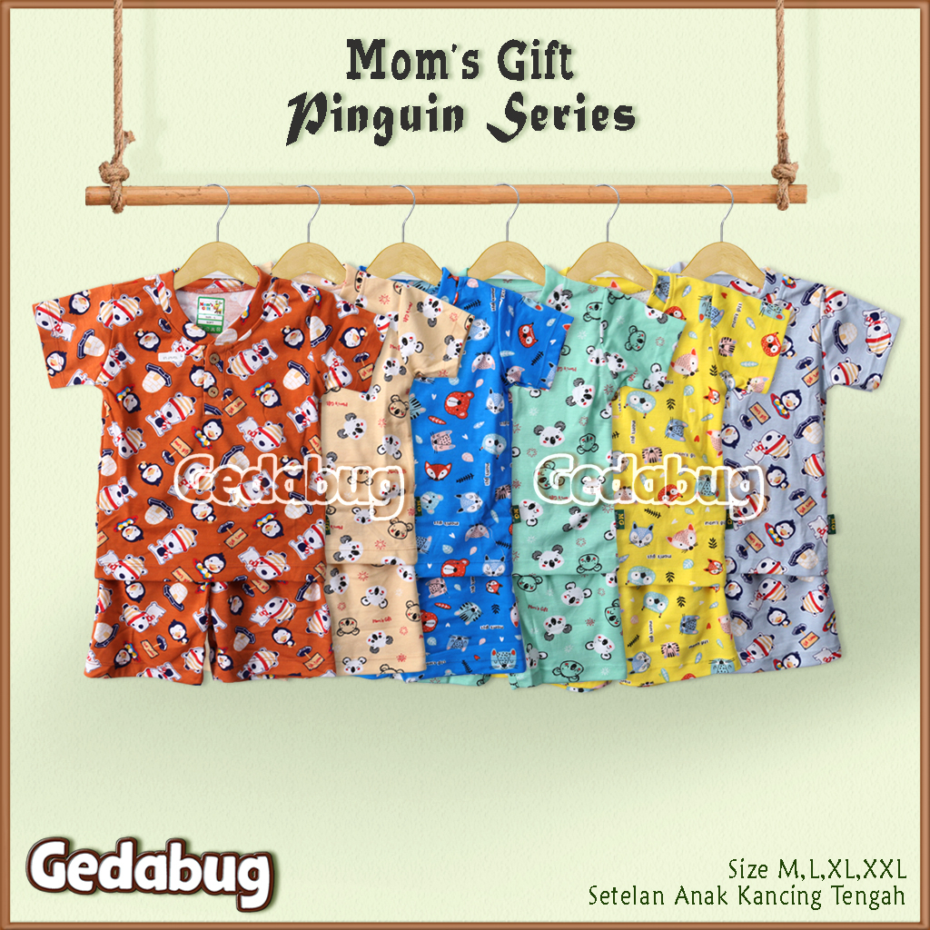 3 Setel - Setelan Anak Pendek Mom's Gift Pinguin Series | Setelan Kaos anak Kancing Depan Moms Gift | Gedabug